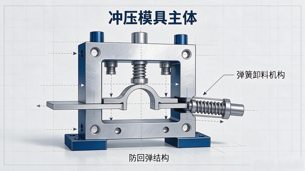 托辊轴承座冲压模具设计：弹簧卸料防回弹要点
